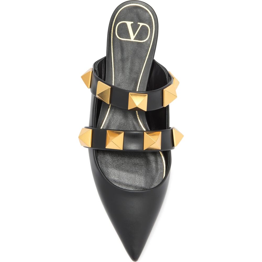 Valentino Garavani Black Roman Stud Flat Leather Mules Gold 36 - Picture 3 of 7